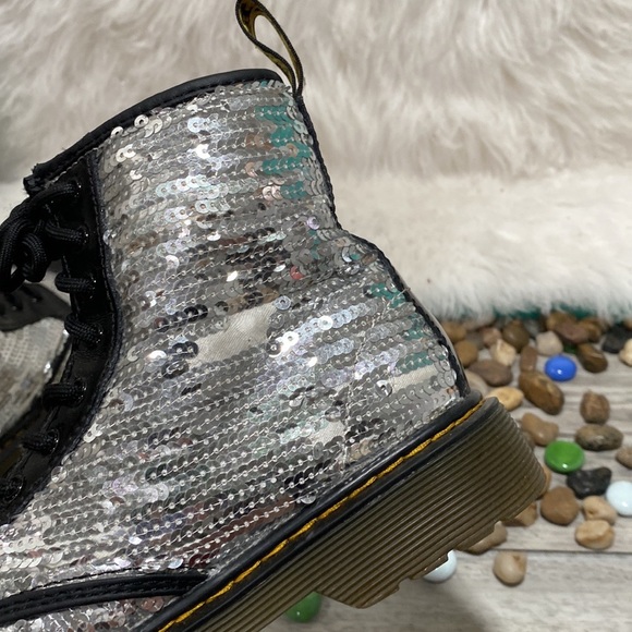 Dr. Martens Pooch Silver Sequins Combat Boots Side Zip - Picture 9 of 9